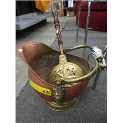 Vintage copper coal scuttle and brass bed warmer