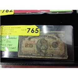1923 Canadian .25 cent bill