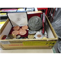 Box of world coins, tokens & currency