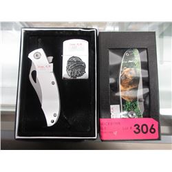 4 New folding knives - 2 with lighters