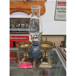 Glass base oil lamp & 2 brass candle holders