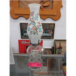 Glass oil lamp with painted shade