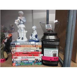 10 DVDs, bean grinder & 2 figurines