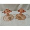 Image 1 : PAIR PINK DEPRESSION GOLD OVERLAY CANDLE HOLDERS