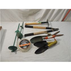 BOX LOT GARDEN TOOLS SHOVELS RAKES MORE