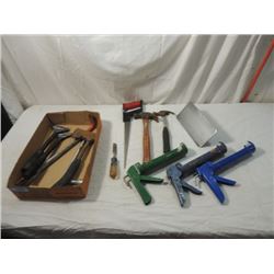 BOX LOT TOOLS CAULK GUNS SCRAPERS TROWELS MORE