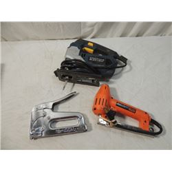 LOT 3 TOOLS SABRE JIG SAW ELECTRIC STAPLE GUN MORE