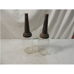 PAIR MASTERS OIL SPOUTS VINTAGE ANTIQUE TIN GLASS