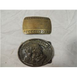 PAIR BRASS BELT BUCKLES WAYNE DOG FOOD ADVERTISING