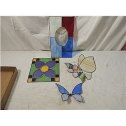 LOT 5 LEADED STAINED GLASS PIECES BUTTERFLY MORE