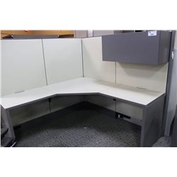 10 HAWORTH PREMISE BEIGE AND GREY CORNER WORKSTATIONS COME WITH OVERHEAD STORAGE