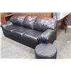 Image 1 : BLACK LEATHER 3 SEAT SOFA WITH 2 MATCHING OTTOMANS