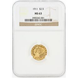 1911 NGC MS63 $2.50 Indian Head Quarter Eagle Gold Coin