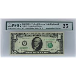 1963A $10 Mismatched S/N Error Federal Reserve Note PMG Very Fine 25