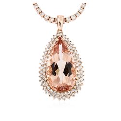 14KT Rose Gold GIA Certified 32.00ct Morganite and Diamond Pendant With Chain