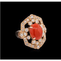 14KT Rose Gold 3.17ct Coral and Diamond Ring