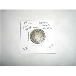 1912 *RARE KEY DATE-LAST YEAR* LIBERTY "V" NICKEL-RED BOOK VALUE $25.00+ *NICE EARLY VERY FINE GRADE
