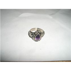 VERY UNIQUE DESIGN SILVER RING WITH LARGE AMETHYST-TEAR DROP CUT CENTER STONE!!