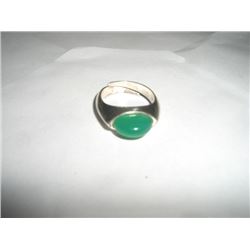 VERY UNIQUE DESIGN SILVER RING WITH LARGE GREEN STONE-ELONGATED OVAL CUT CENTER STONE STAMPED *800 C