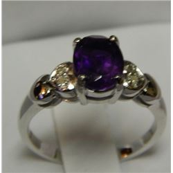RING - 1.75 CT AMETHYST & DIAMND SOLITAIR RING - SET WITH 4 SHOULDER DIAMONDS - STERLING SILVER - IN