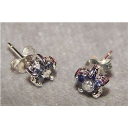 EARRINGS - NEW STERLING SILVER AND SAPPHIRE FLOWER DESIGN EARRINGS - SET WITH DIAMONS - POST AND BUT