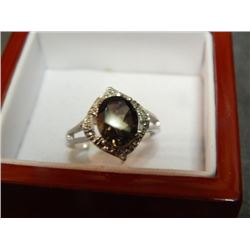 RING - BROWN TOPAZ & DIAMOND RING - 4 DIAMONDS SURROUNDING OVAL CUT CENTER STONE - SR $450