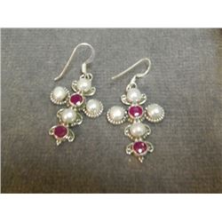 EARRINGS - NEW - STERLING SILVER SETTING -  RUBY AND PEARL EARRINGS - CROSS DESIGN - POST AND BUTTER