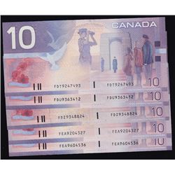 2001 Bank of Canada $10 Bank Notes - Lot of 5