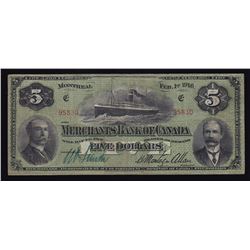 Merchants Bank of Canada $5, 1916