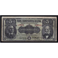 Molsons Bank $5, 1908