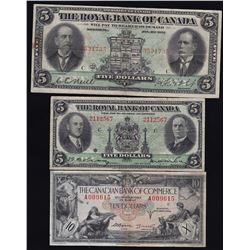 Lot of 3 Canadian Chartered Bank Notes