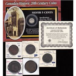 Lot of Five Canadian Tokens & 1910 Silver Five Cents & Stamp Historic Package