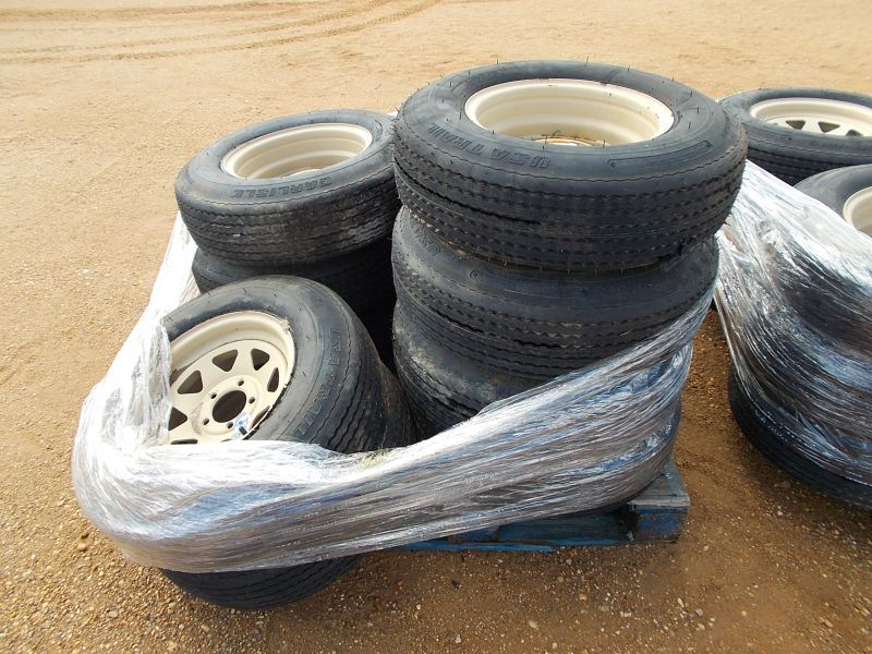 1 LOT (12) ST215/75D14 FOAM FILL TIRES & RIMS, OFF ROAD USE ONLY, 5 ON