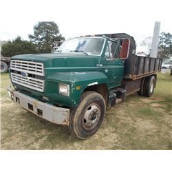 1987 FORD F700 S/A FLATBED TRUCK, S/N 1FDF7DHDHVA08749, 370 HP FORD DIESEL ENGINE, 5-2 SPD TRANS, 16