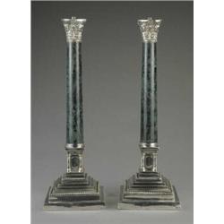 A pair of green marble column lamp bases,...