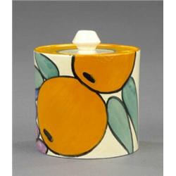 A Clarice Cliff Bizarre Oranges pattern jam pot and cover,...