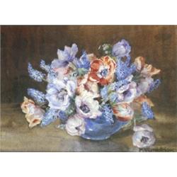 Marion L. Broom (20th Century), Anemones And Grape Hyacinths In A Blue Bowl,...