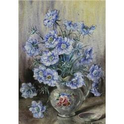 Marion L. Broom (20th Century), Blue Asters In A Porcelain Jug,...