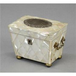 A Victorian silver mounted single compartment mother-of-pearl tea caddy,...