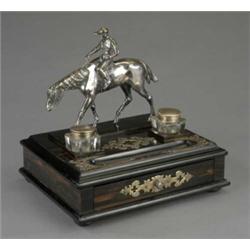 Racing - a Victorian ebonised and coromandel rectangular inkstand,...