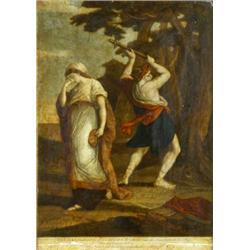 A pair of coloured reverse engravings on glass,...