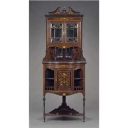 A late Victorian rosewood and marquetry standing corner cabinet,...
