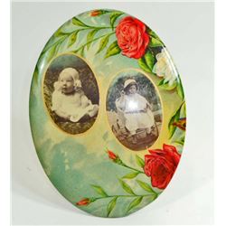 LARGE VICTORIAN CELLULOID BUTTON PICTURE OF TWO BABIES