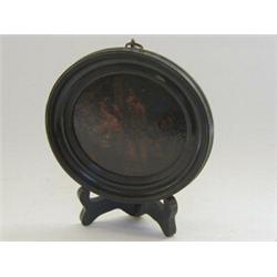 A STOBWASSER BOX LID, early 19th Century, Teniers subject on papier mache, period oval pear wood...