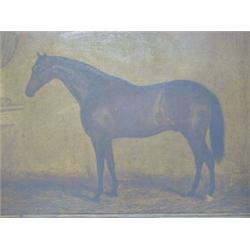 AN EQUESTRIAN PORTRAIT, mid 19th Century, brown mare in stable, oils on board, period oak frame,...