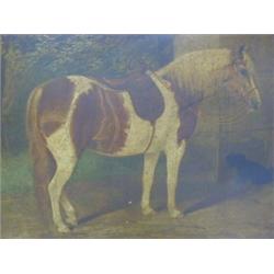 AN EQUESTRIAN PORTRAIT, mid 19th Century, brown and white saddled horse and spaniel, in a park se...