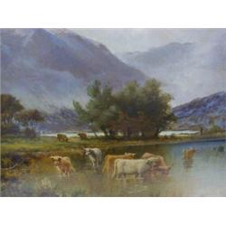 TAYLOR, ALEC, highland landscape with cattle watering foreground, oils on canvas, signed lower ri...