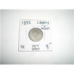 1892 *RARE KEY DATE* LIBERTY "V" NICKEL RED BOOK VALUE $8.00+ *NICE EARLY GOOD GRADE*!!