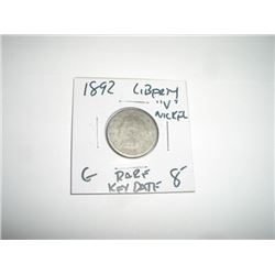 1892 *RARE KEY DATE* LIBERTY "V" NICKEL RED BOOK VALUE $8.00+ *NICE EARLY GOOD GRADE*!!
