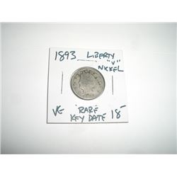 1893 *RARE KEY DATE* LIBERTY "V" NICKEL RED BOOK VALUE $18.00+ *NICE EARLY VERY GOOD GRADE*!!